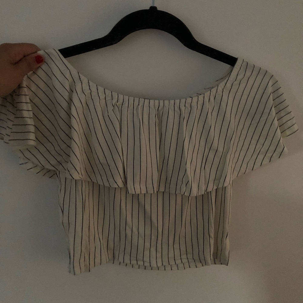 White/ black pinstriped off the shoulder crop top